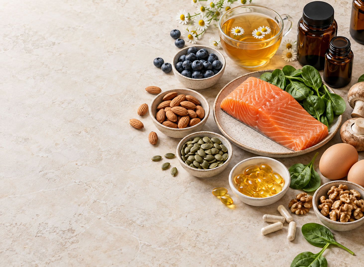 Natural food sources of vitamins and supplements including magnesium, omega-3 fatty acids, vitamin D and chamomile